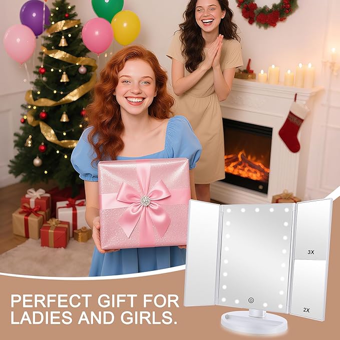 deweisn Floor Mount Tri-Fold Lighted Vanity Mirror with 21 LED Lights, Touch Screen and 3X/2X/1X Magnification, Two Power Supply Modes Make Up Mirror,Travel Mirror