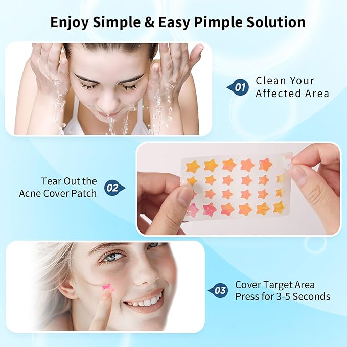 Star Acne Patch with Salicylic Acid Tea Tree Oil & Centella Asiatica, Hydrocolloid Pimple Stickers Iridescent Colors 96 Pcs 2 Sizes, Cute Star Heart Shaped Zits Blemishes Breakouts Patches