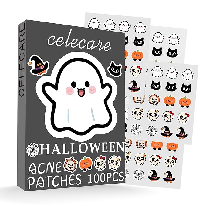 Pimple Patches,Halloween Acne Patch,Pimple Patches for Face, Cute Stickers,Salicylic Acid & Tea Tree, 100PCS Hydrocolloid Dots in 8 Colors for Face,Cute Halloween Stickers