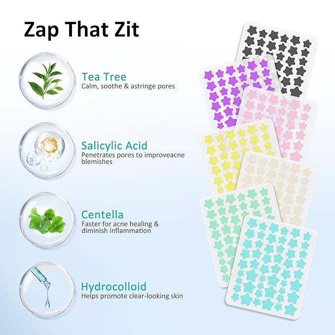 Star Pimple Patches for Face, Acne Patches, Cute Colorful Star Zit Covers with Hydrocolloid & Tea Tree Oil, Salicylic Acid Cica Extract 4 Sizes (8mm/9mm/11mm/14mm) | 357 Count