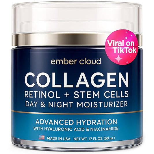 Collagen Cream for Face with Stem Cells Retinol Hyaluronic Acid Niacinamide for All Skin Types - Anti-Aging Face Moisturizer with Airless Pump - Day & Night Cream for Wrinkles - Made in USA 1.7 Oz