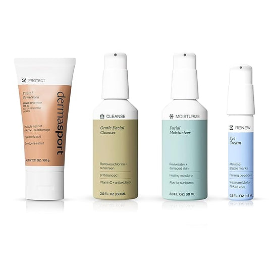 Dermasport Complete Skin Care Set for Athletes - Sport Sunscreen SPF 50, Facial Moisturizer, Eye Cream for Dark Circles, Facial Cleanser - All-in-One Natural Facial Care Solution for Healthy Skin
