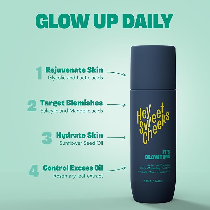 Skin Perfecting Body Blemish Treatment Lotion, AHA & BHA Glycolic Acid Body Lotion for Butt Blemish, Dark Spots, and Radiant Glow, It's Glowtime by Hey Sweet Cheeks, 6.76 oz