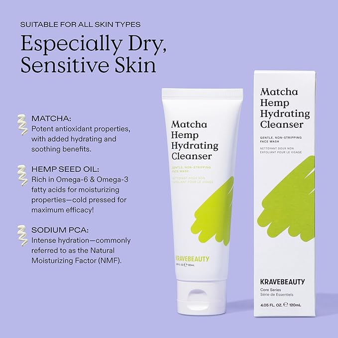 KraveBeauty Matcha Hemp Hydrating Cleanser Duo, Non Stripping Daily Face Wash, Supports Skin Barrier Enriched With Hemp Seed Oil, Suitable For Dry, Sensitive Skin, Vegan & Cruelty Free, 4.05 fl oz x2