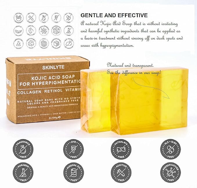 Kojic Acid Soap Natural -Fragrance Free and Dye Free- Dark Spot Remover Hyperpigmentation Corrector K-Beauty Formula - Turmeric, Glycerin, Collagen, Hyaluronic Acid, Retinol (2 Pack) 7oz.