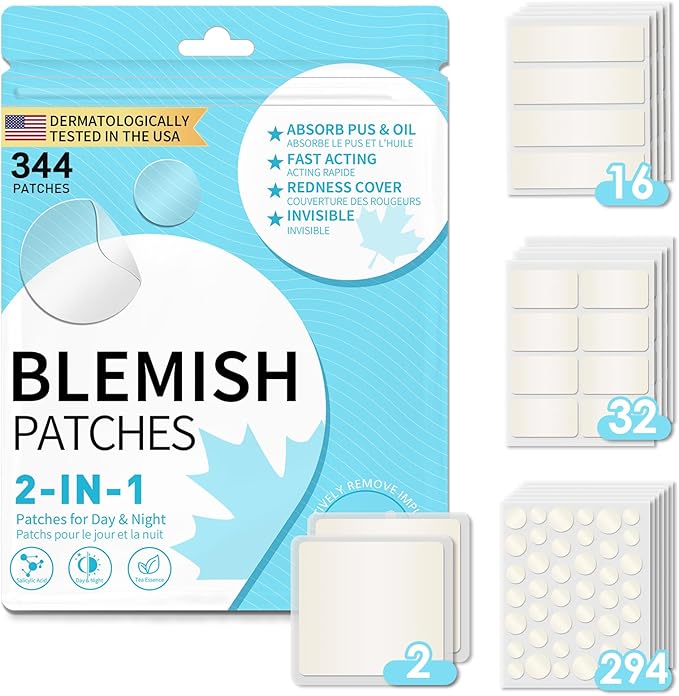 Large Pimple Patches Acne Patches hydrocolloid Bandages for Face Forehead Chin Body Chest Back Blemish Patch with Multiple Sizes (344pcs)