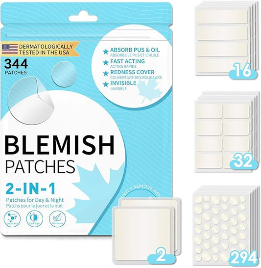 Large Pimple Patches Acne Patches hydrocolloid Bandages for Face Forehead Chin Body Chest Back Blemish Patch with Multiple Sizes (344pcs)