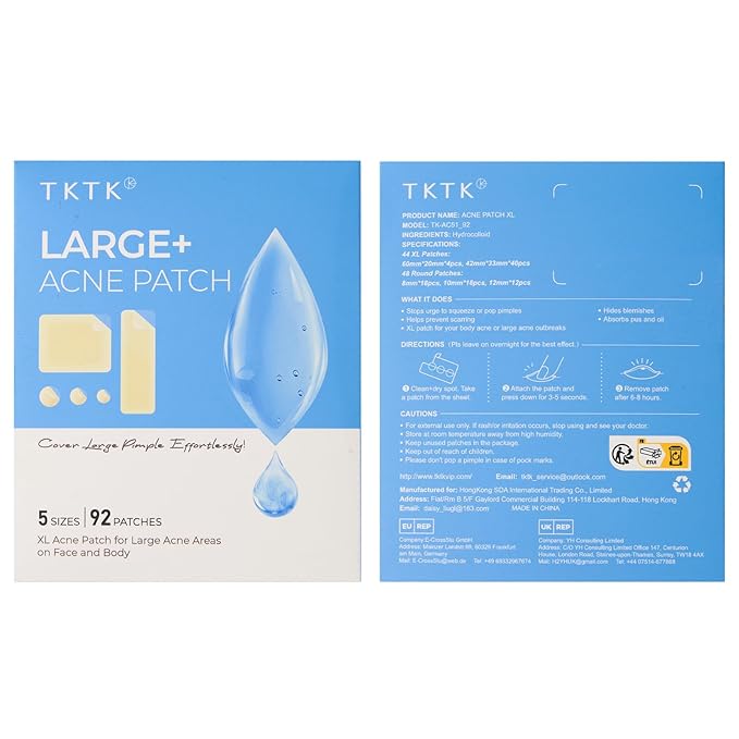 TKTK Large Pimple Patches (5 Sizes, 92 Patches), Hydrocolloid Acne Patches, XL Zit Patches for Face, Forehead, Chin, Nose, Body, Back, Chest, Rectangular, Square, and Dot Hydrocolloid Bandages