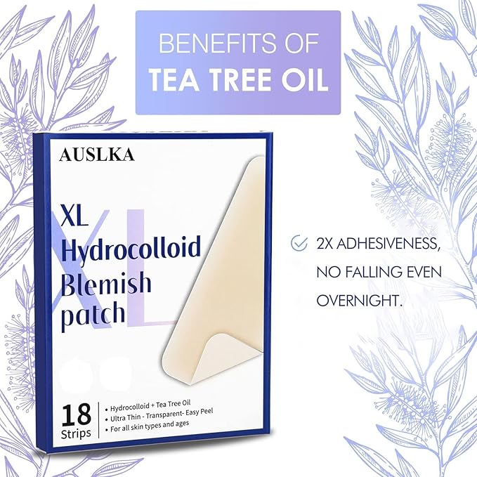 AUSLKA Large Blemish Patches, XL Pimple Patch -18 Strips - Hydrocolloid Patch for Covering Zits - Spot Stickers - Vegan and Cruelty for Face and Skin