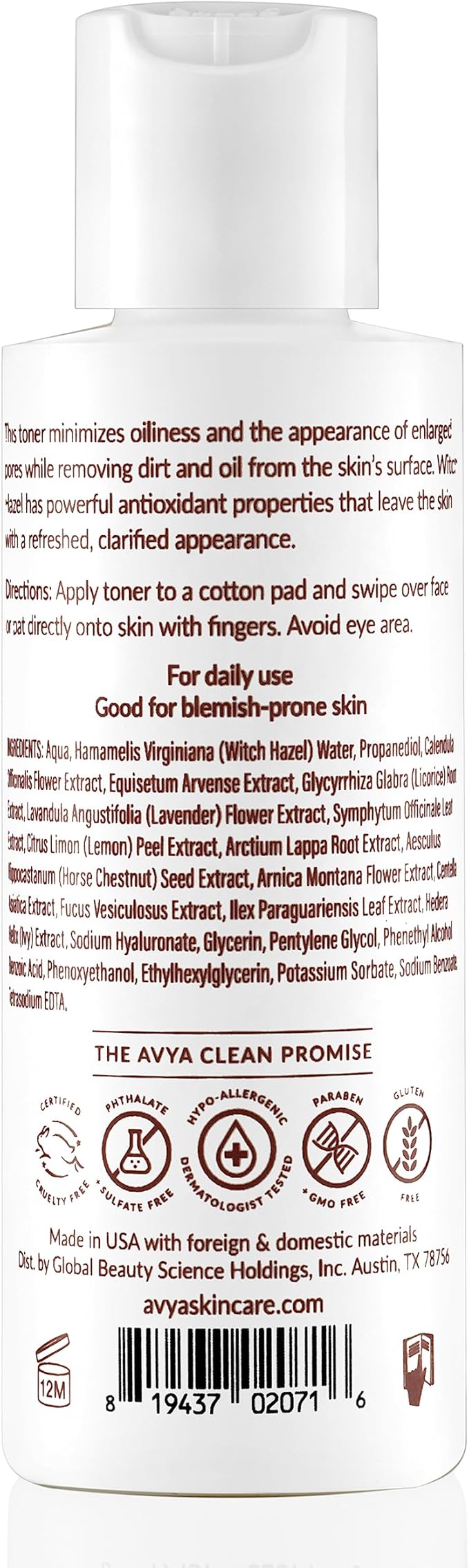 AVYA Pore Minimizing Toner (4 fl oz) - Infused with Hyaluronic Acid, Witch Hazel for Toning and Cleansing, Licorice Root for Soothing and Redness Reduction