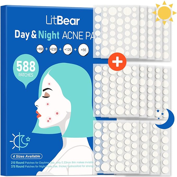 LitBear Acne Pimple Patches- Day and Night 4 Sizes 588 Dots Thin & Thick Hydrocolloid Patches with Witch Hazel, Tea Tree & Calendula Oil, Extra Adhesion for Face Zit Patch Dots