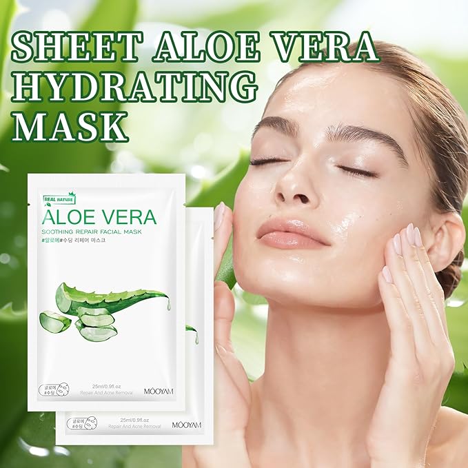 10 Sheets Aloe Vera Face Masks Skincare, Hydrating Face Mask Skincare For Dry, Oily, Sensitive Skin, Aloe Facial Masks Skin Care Sheet For Moisturizing, Soothing, Calming, Sun Care