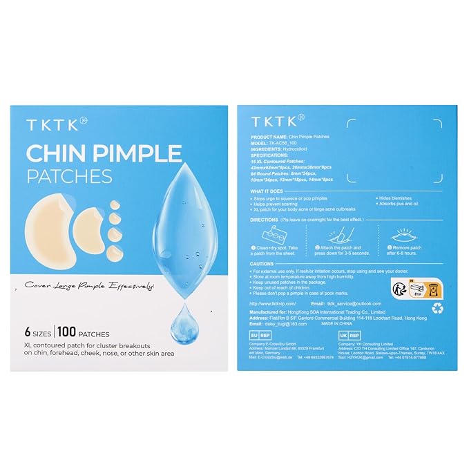 TKTK Chin Pimple Patches (100 Count 6 Sizes), XL Contoured Hydrocolloid Chin Patch 62x42 mm, Large Acne Patch for Face Blemishes Zit Breakouts, Maximum Absorption Overnight Stickers