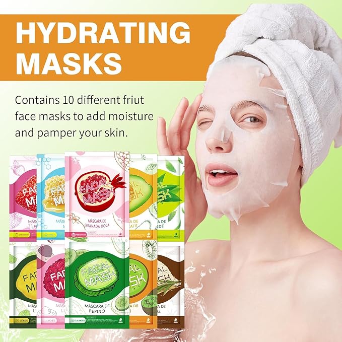 10 Sheets Face Masks Skincare for All Skin Types, Hydrating Face Masks Suitable for Sensitive Skin, Bulk Facial Mask for Women Skin Care, Soothe Sheet Masks Gifts for Spa