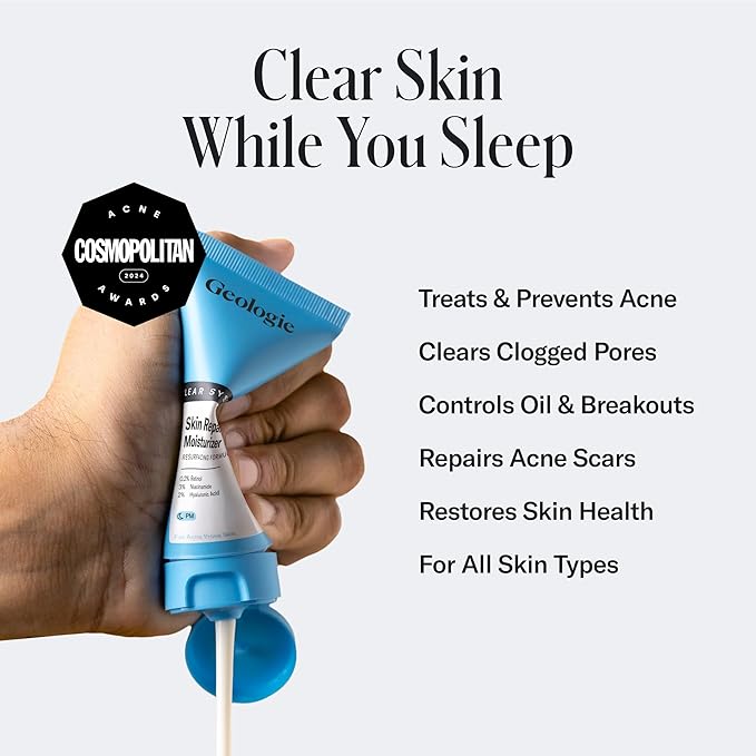 Geologie Clear Skin Face Routine | 3-Piece Kit Includes Exfoliating Cleanser, Repairing PM Moisturizer, Oil Free AM Moisturizer | Daily Routine for Clear, Healthy Skin | Lasts 3 Months