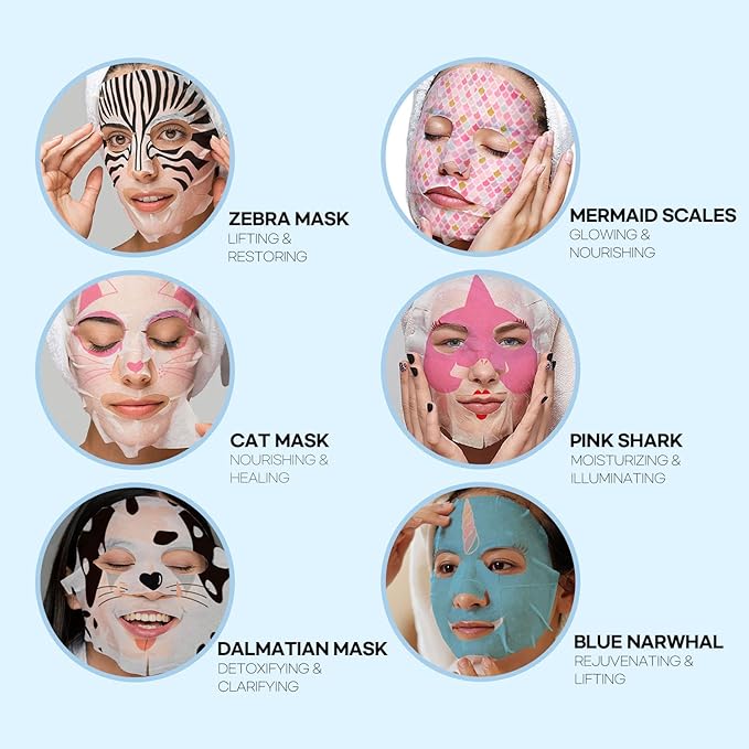Epielle Animal Character Sheet Masks 6 Pack, Moisturizing & Rejuvenating Face Mask with Hyaluronic Acid & Vitamin E, Korean Skin Care, Girls Spa Party Favors, Sleepover, Self Care Gifts for Women