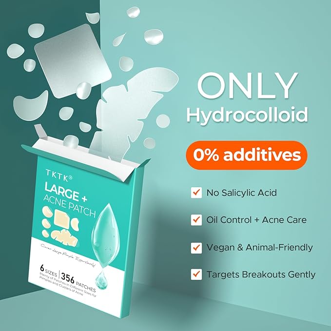 TKTK Pimple Patches for Face, 6 Sizes Hydrocolloid Acne Patch Variety, Large Acne Stickers for Cheeks, Forehead, Chin, Nose, Back Blemishes Zit Breakouts (4 Shapes 356 Count)