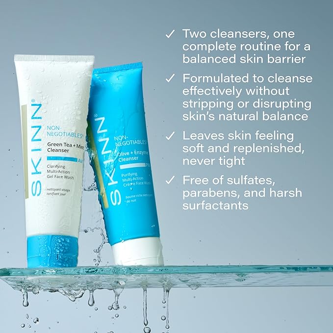 SKINN Day & Night Face Wash for Women & Men - Refreshing Green Tea & Mint Infusion, Nourishing Olive & Enzyme Formula - Complete AM/PM Cleanser Set for Hydrated