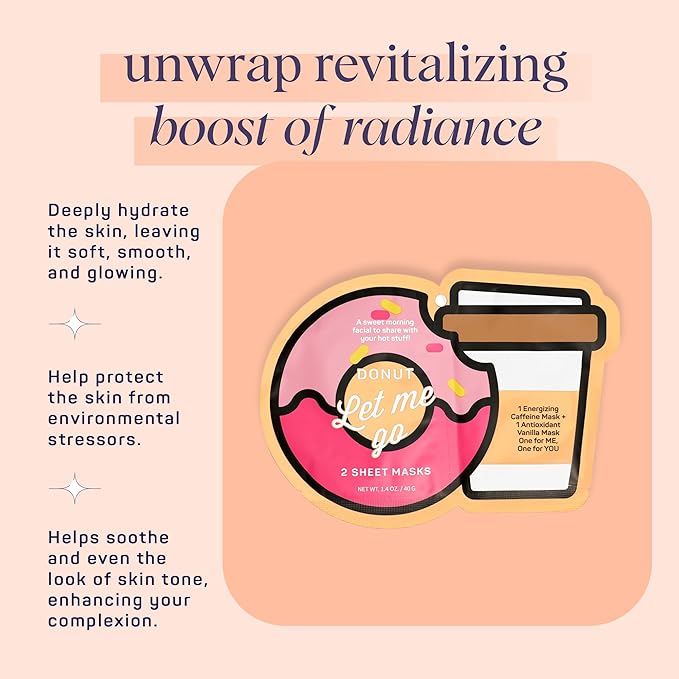 SpaLife Donut Let Me Go Duo Facial Masks - Pack of 6 - Skincare Gift Set for Valentine's Day - Radiant Caffeine and Soothing Vanilla - Beauty Moisture Hydration Face Mask for Men and Women