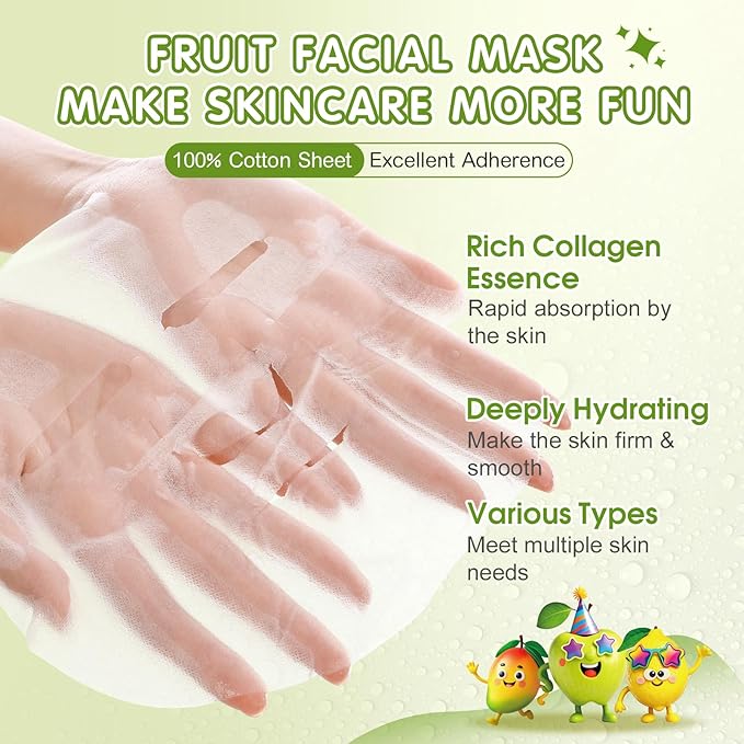 56 Pack Fruit Collagen Face Masks Skincare for Teens Girls, Sheet Face Mask Skin Care for Kids, Bulk Hydrating Facial Masks for Women, Face Mask Set for All Skin Types, Birthday Party Spa Gifts