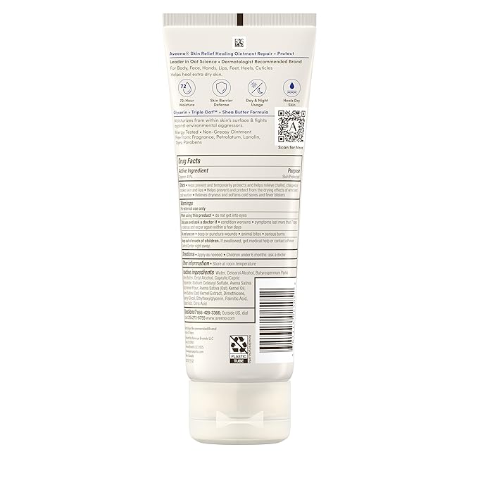 Aveeno Skin Relief Healing Ointment, 72-Hour Skin Protectant with Triple Oat & Shea Butter for Extra Dry, Cracked & Sensitive Skin, Fragrance-Free & Multi-Use for Lips, 7.2 oz
