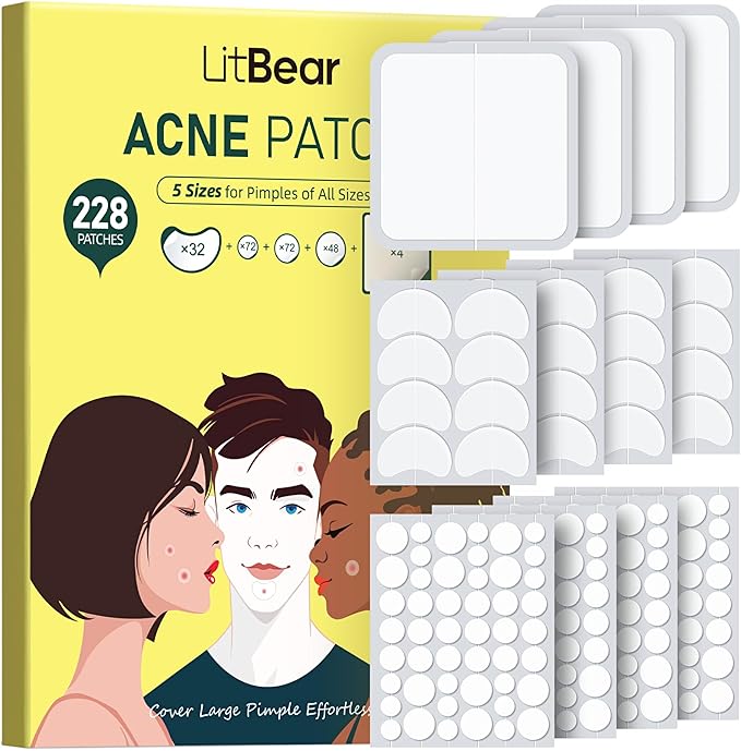 LitBear Pimple Patches for Face, Large Acne Patch, XL Hydrocolloid Bandages,Zit Stickers for Forehead, Chin, Nose, Body, Back, and Chest (5 Sizes, 228 Pimple Patches)