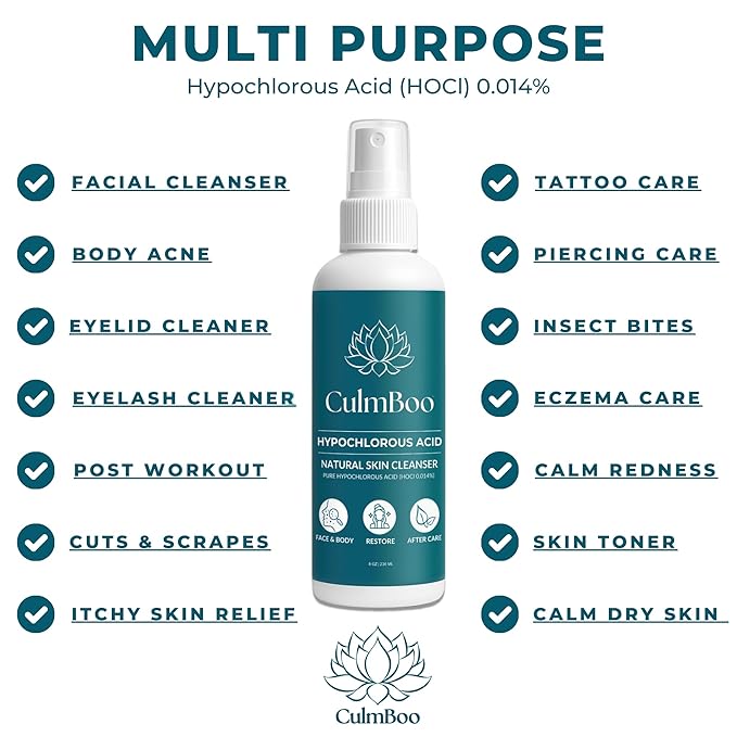 Hypochlorous Acid Spray for Face & Skin - Acne Prone Skin, Eczema, Natural Tattoo Aftercare, Piercing Aftercare Spray, Eye Lash Cleanser, Face Mist Toner, Wound Care Cleanser, 8 Fl Oz 1 Pack