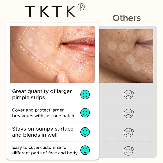 TKTK Large Pimple Patches for Face, XL Acne Patches 60 x 20 mm, Big Hydrocolloid Bandages for Body, Forehead, Chin, Neck Zit Breakouts, Hydrocolloid Patch (Strip, Contoured, Dot 5 Sizes 300 Count)