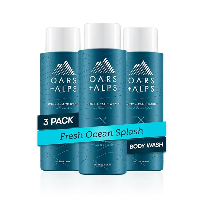 Oars + Alps Men's Moisturizing Body and Face Wash, Skin Care Infused with Vitamin E and Antioxidants, Sulfate Free, Fresh Ocean Splash, 3 Pack