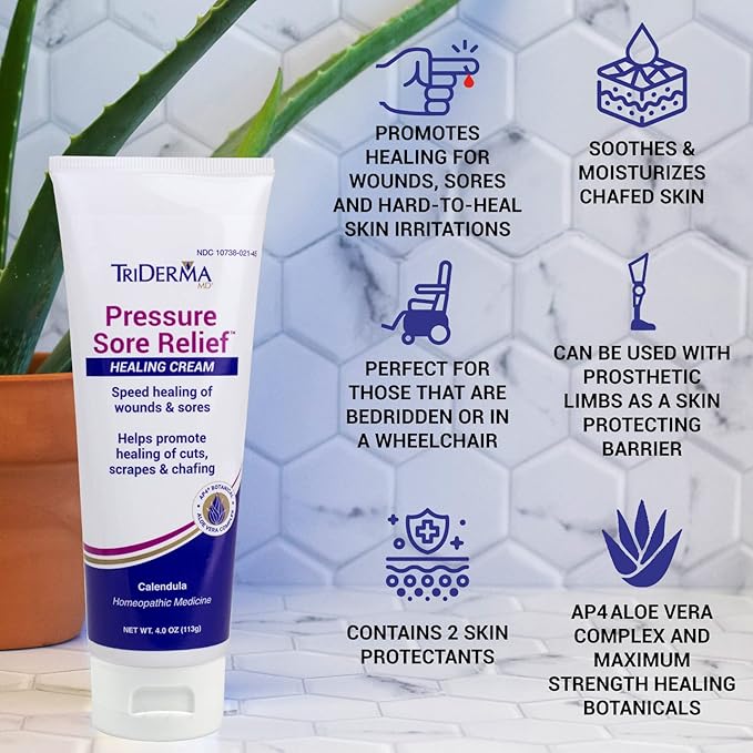 TriDerma MD Pressure Sore Relief Healing Cream for Bed Sores, Pressure Sores, Wound Healing, Chafed Skin and Hard-to-Heal Skin Sores with Calendula and AP4 Aloe Vera Gel, 4 oz Tube