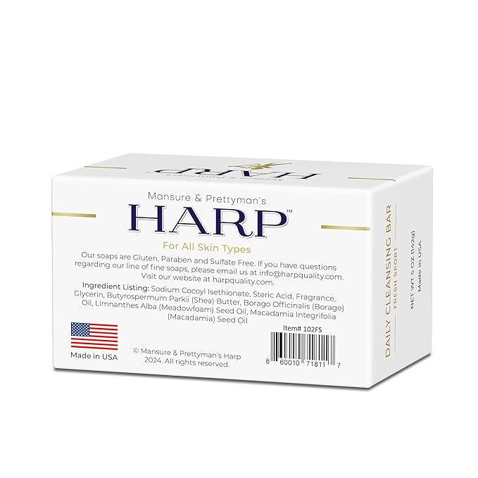 HARP pH-Balanced (5.0-6.0) Body Wash Bar - Exceptionally Gentle For Dry or Sensitive Skin + Shea Butter + Borage oil | Non-Comedogenic | Soap-Free, Lye-Free. FRESH SPORT FRAGRANCE