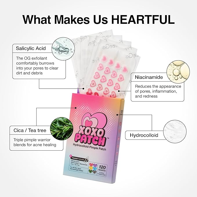 FreeGo XOXO Hydrocolloid Pimple Patch, 120 Counts | Cute Colorful Heart Shape | Salicylic Acid, Niacinamide, CICA, Tea Tree, Eucalyptus | Absorb, Heal Pimple and Protect Skin