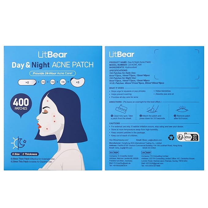 LitBear Pimple Patches for Face, 400 Counts Day and Night Acne Patches, Hydrocolloid Patches for Covering Zit and Blemishes, Large Breakouts, 5 Sizes Thin & Thick Spot Dots Stickers for Chin, Forehead