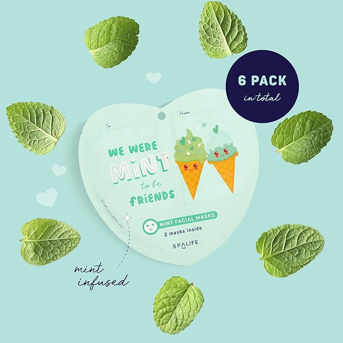 SpaLife We Were Mint to be Friends Duo Minty Facial Masks Set 2-pack - Hydrating, Soothing, and Moisturizing with Natural Mint Scent - Facial Sheet Mask Skin Care - Perfect Valentine Gift Set