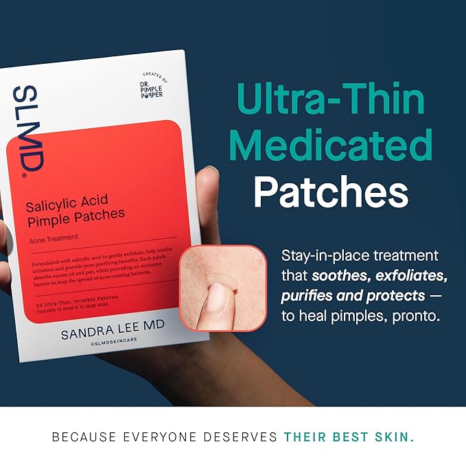 SLMD by Dr. Pimple Popper Salicylic Acid Pimple Patches - Treat Acne and Improve the Appearance of Dark Spots - Thin Transparent Patches with Salicylic Acid - 2 Sizes (24 count)