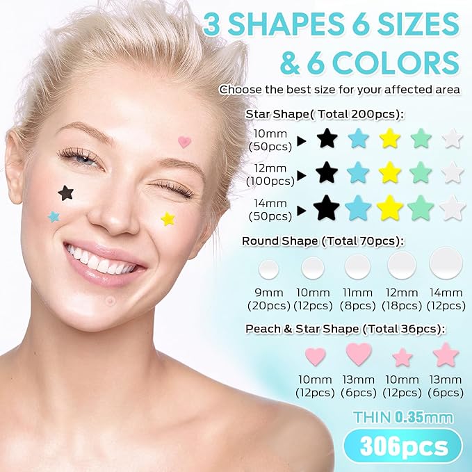 Zit Patches,Hydrocolloid Star Pimple Patches for Face,Acne Patches for Face,Invisible Blemish Patches with Tea Tree, Salicylic Acid and Centella Asiatica 306 Count,Vegan,Suitable for All Skin Types