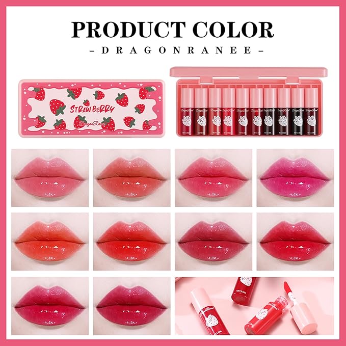 10 Colors Lip Tint Stain Set, Korean Moisturizing Moisturizing
