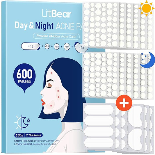 LitBear Pimple Patches for Face, 600 Counts Day and Night Acne Patches, Hydrocolloid Patches for Covering Zit and Blemishes, Large Breakouts, 5 Sizes Thin & Thick Spot Dots Stickers for Chin, Forehead