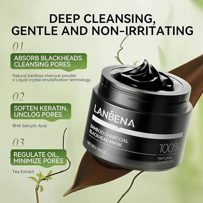 LANBENA 3-in-1 Blackhead Removal Set - Bamboo Charcoal Pore Strips (30g), Pore Minimizing Serum (30ml) & Removal Paper - Mask for Face, Minimizes Pores & Leaves Skin Fresh & Clean, Blackhead Remover