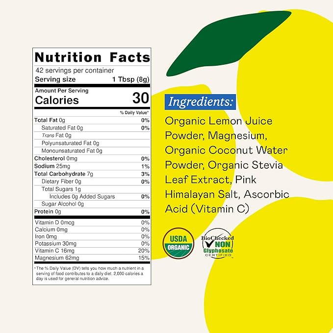 GOODONYA Organic Hydration Electrolyte Drink Mix, Certified Organic Hydration Powder, Non-GMO, Biochecked Glyphosate Free, Low Sugar, Lemonade Flavor, No Artificial Flavors, 42 Servings