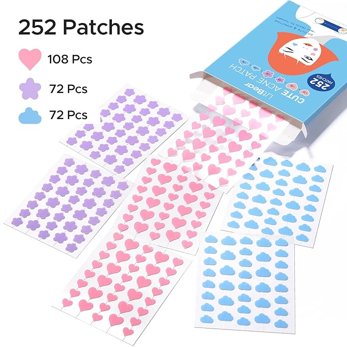 LitBear Acne Pimple Patch, 252 Dots 3 Shaped Colors Pimple Patches with Salicylic Acid, Tea Tree Oil & Calendula Oil, Hydrocolloid Acne Patch for Face, Blemish, Cute Zit Patch Pimple Sticker Acne Dots