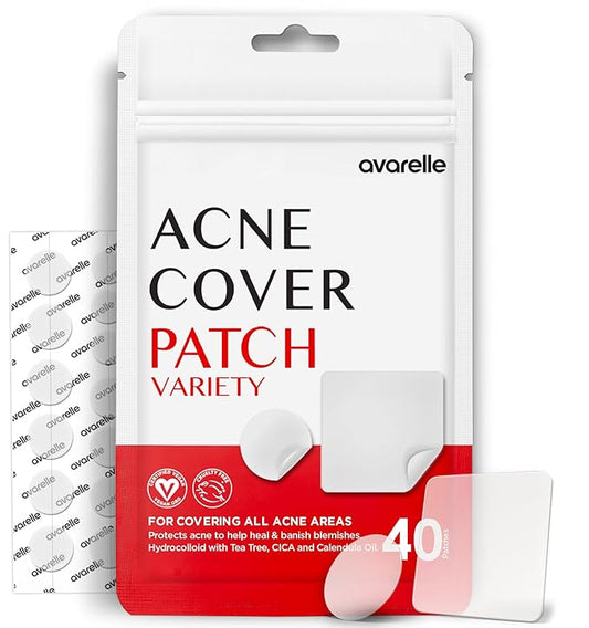 AVARELLE Acne Pimple Patch (40 Count) Absorbing Hydrocolloid Spot Treatment with Tea Tree Oil, Calendula Oil and Cica, Certified Vegan, Cruelty Free (VARIETY / 40 COUNT)