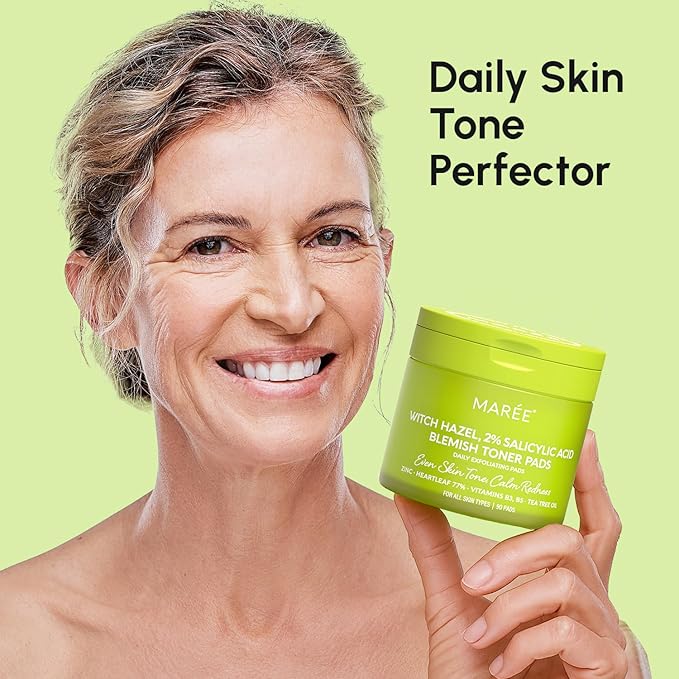 MAREE Blemish Toner Polishes - Daily Facial Radiance Toner Polish - Witch Hazel Pads Acne Face Toning - Acne Skin Care with BHA Salicylic Acid - Blemish Clearing Witch Hazel Wipes