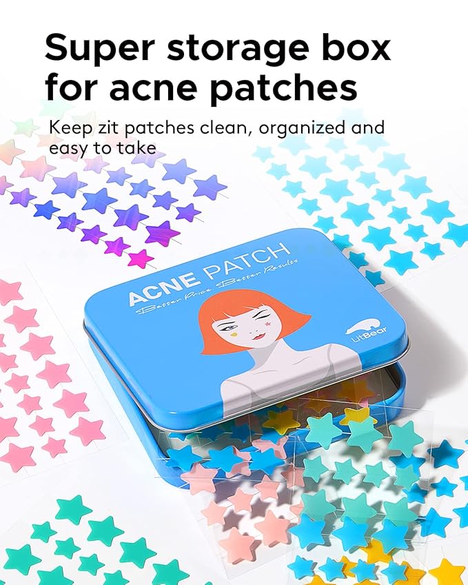 LitBear Acne Pimple Patch, 6 Colors 168 Dots Star Pimple Patches with Tea Tree Oil & Centella Oil, Hydrocolloid Acne Patches for Face Cute Zit Patches Pimple Stickers Acne Dots