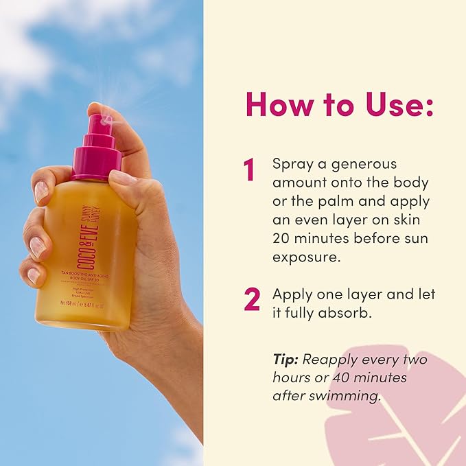 Coco & Eve Tan Boosting Anti-Aging Body Oil SPF20 - Tanning Accelerator Spray, UVA UVB Sun Protection | Moisturizing Outdoor Bronzing Enhancer with Natural Ingredients, Antioxidants (5.07 Fl Oz)