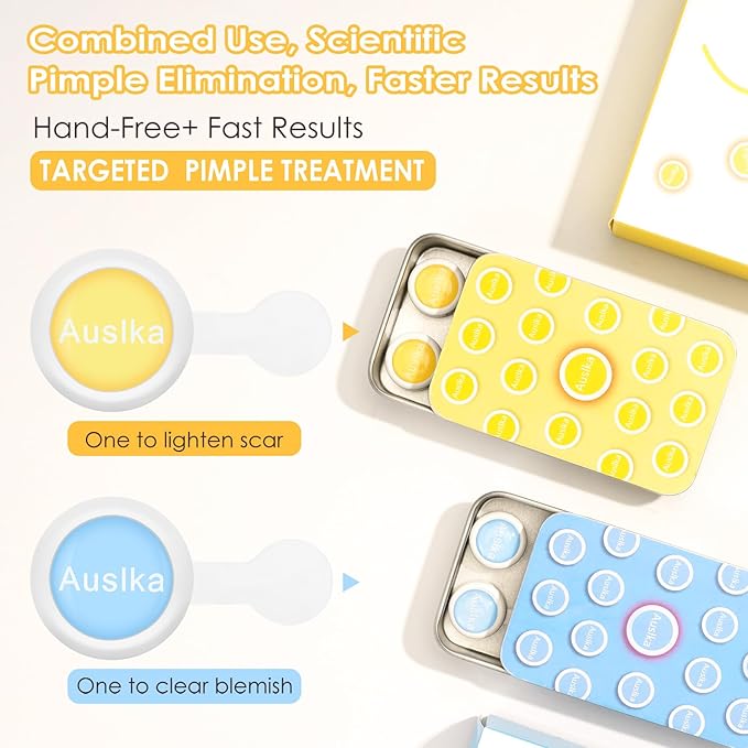 AUSLKA Light Therapy Pimple Patch, LED Red and Blue Light Hydrocolloid Zit Patches, Spot Dots for Blemishe, 6-Packs, Use 6-8 hours (Blue, Eliminate Pimple Patch)