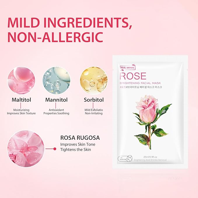 Facial Masks Skincare for Women,Rose Moisturize Face Mask Sheet for Girl,Hydrating Face Mask for All Skin Types,Dry Skin & Sensitive Skin(8-Packs)