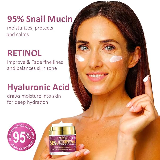 95% Snail Mucin Retinol Cream, Snail Repair Cream for Improving Fine Lines & Dryness, Skin Elasticity, Day and Night Hydration with Aloe Vera, Hyaluronic and Vitamin E, 1.76 Oz
