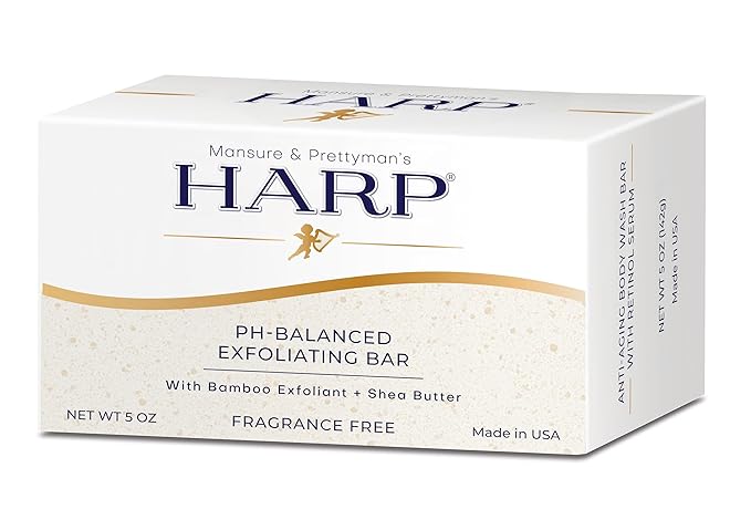 HARP pH-Balanced (5.0-6.0) Exfoliating Body Wash Bar - FRAGRANCE FREE. Bamboo Powder Exfoliation -the perfect consistency. Soap/Lye/Preservative/Dye/Masking agent-Free. Non-comedogenic.