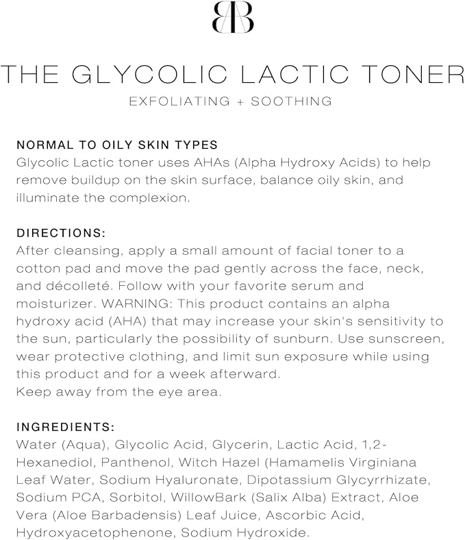 BIBA DE SOUSA The Glycolic Lactic Toner - Exfoliating Toner with AHA, Hyaluronic Acid, and Aloe Vera - Illuminates Skin Complexion Without Excessive Drying (8 oz)